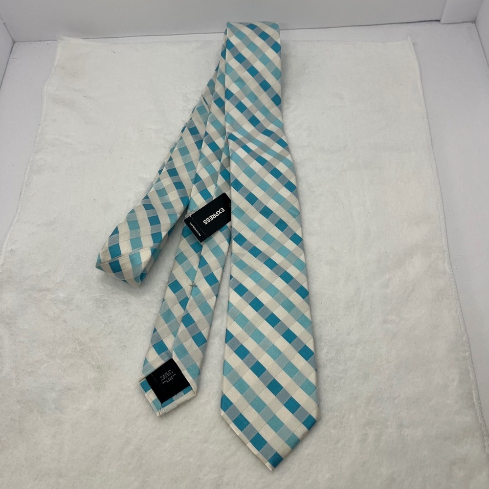 Express Neck Tie Mens One Size Blue Geometric Gingham NWT 100 Silk Business